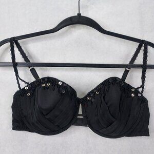 Victoria Secret Bra 36C Very Sexy Lined Demi Sequins Satin Stripe Black Padded